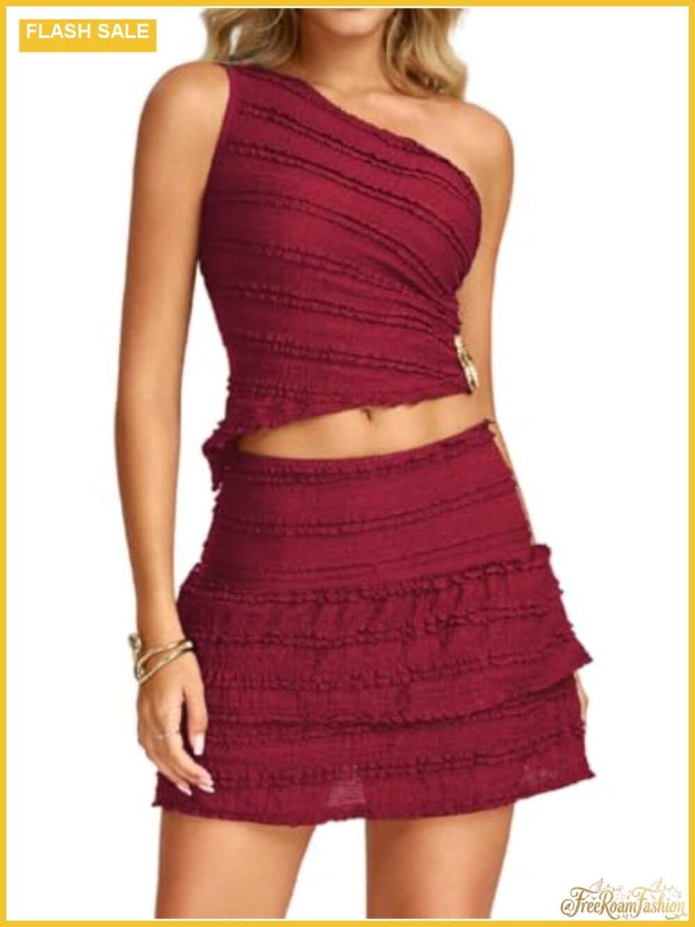 One-Shoulder Crop Top & Mini Skirt Set Asymmetrical Ruffle Club Outfit